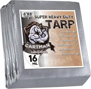 CARTMAN Finished Size 6x8 Feet Extra Thick 16 Mil Ultra Heavy Duty Poly Tarp, Multipurpose Protective Cover, UV Resistant, Waterproof Poly Tarpaulin with Reinforced Edges