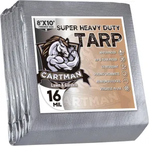 CARTMAN Finished Size 8x10 Feet Extra Thick 16 Mil Ultra Heavy Duty Poly Tarp, Multipurpose Protective Cover, UV Resistant, Waterproof Poly Tarpaulin with Reinforced Edges