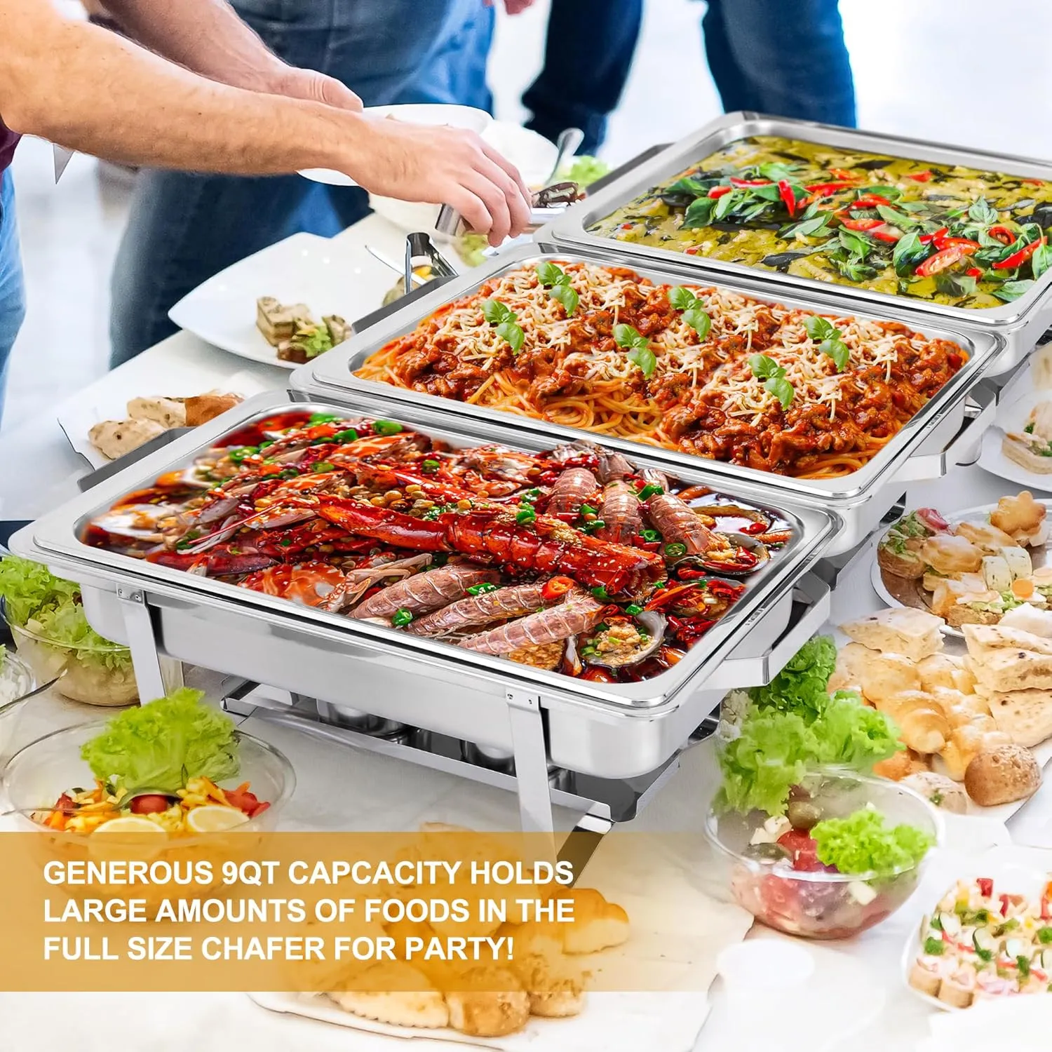 Chafing Dish Buffet Set 9 Qt Stainless Steel Complete Chafer Set Catering Warmer Set with Water Pan, Fuel Holder for Parties, Dinners, Catering, Buffet and Weddings 2 Silver