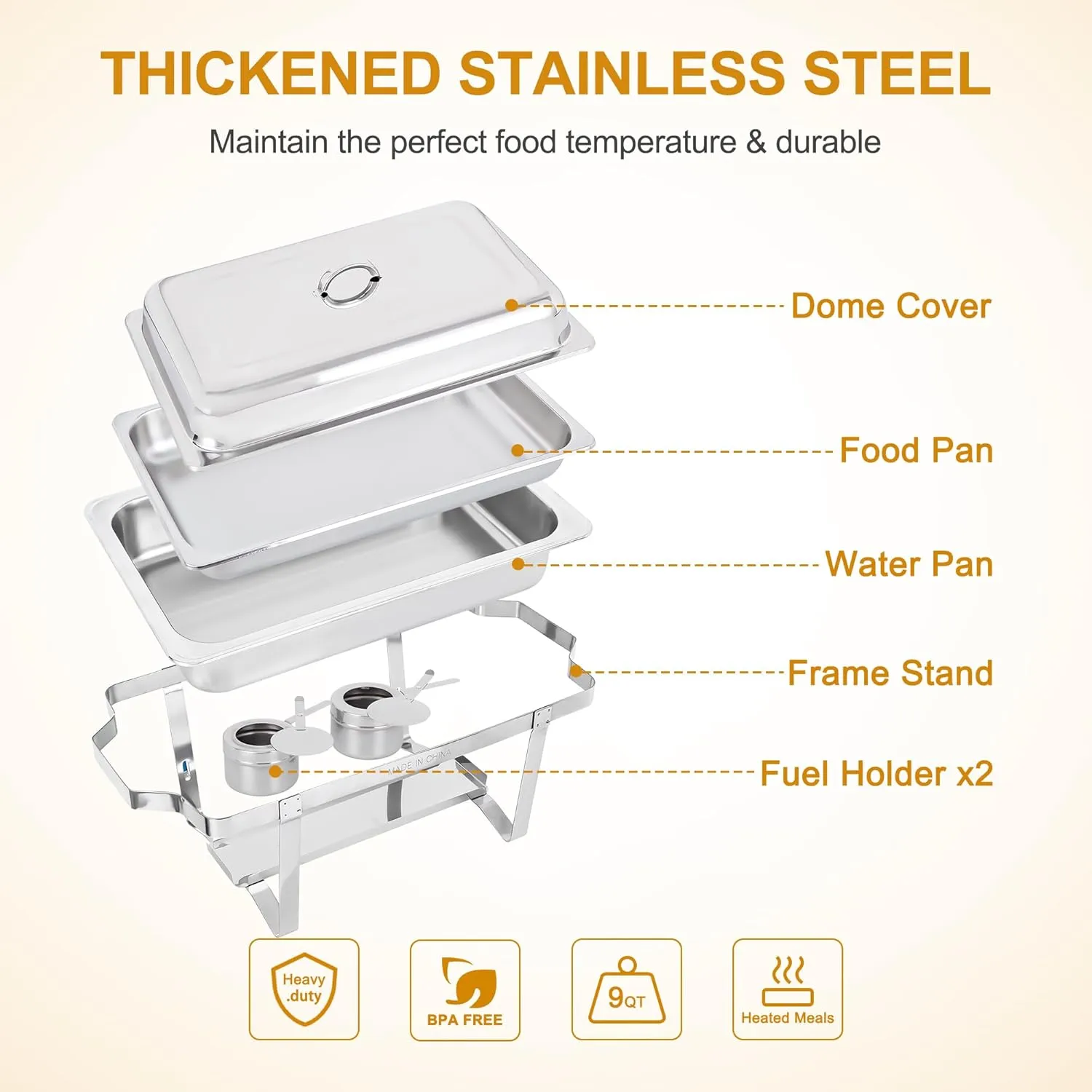 Chafing Dish Buffet Set 9 Qt Stainless Steel Complete Chafer Set Catering Warmer Set with Water Pan, Fuel Holder for Parties, Dinners, Catering, Buffet and Weddings 2 Silver