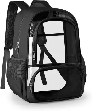 Clear Backpack, Fabric & PVC Transparent Backpack with Reinforced Strap for Women Men, Heavy Duty Transparent Bookbag, Large Capacity Clear bag, Travel, X-Large Black
