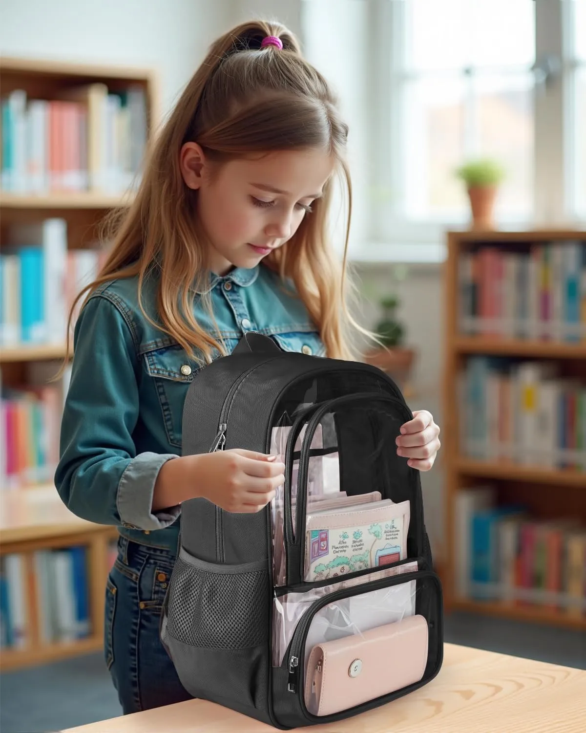 Clear Backpack, Fabric & PVC Transparent Backpack with Reinforced Strap for Women Men, Heavy Duty Transparent Bookbag, Large Capacity Clear bag, Travel, X-Large Black