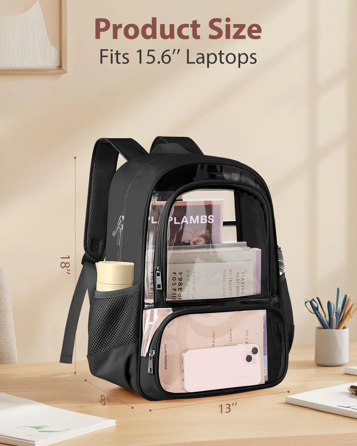 Clear Backpack, Fabric & PVC Transparent Backpack with Reinforced Strap for Women Men, Heavy Duty Transparent Bookbag, Large Capacity Clear bag, Travel, X-Large Black