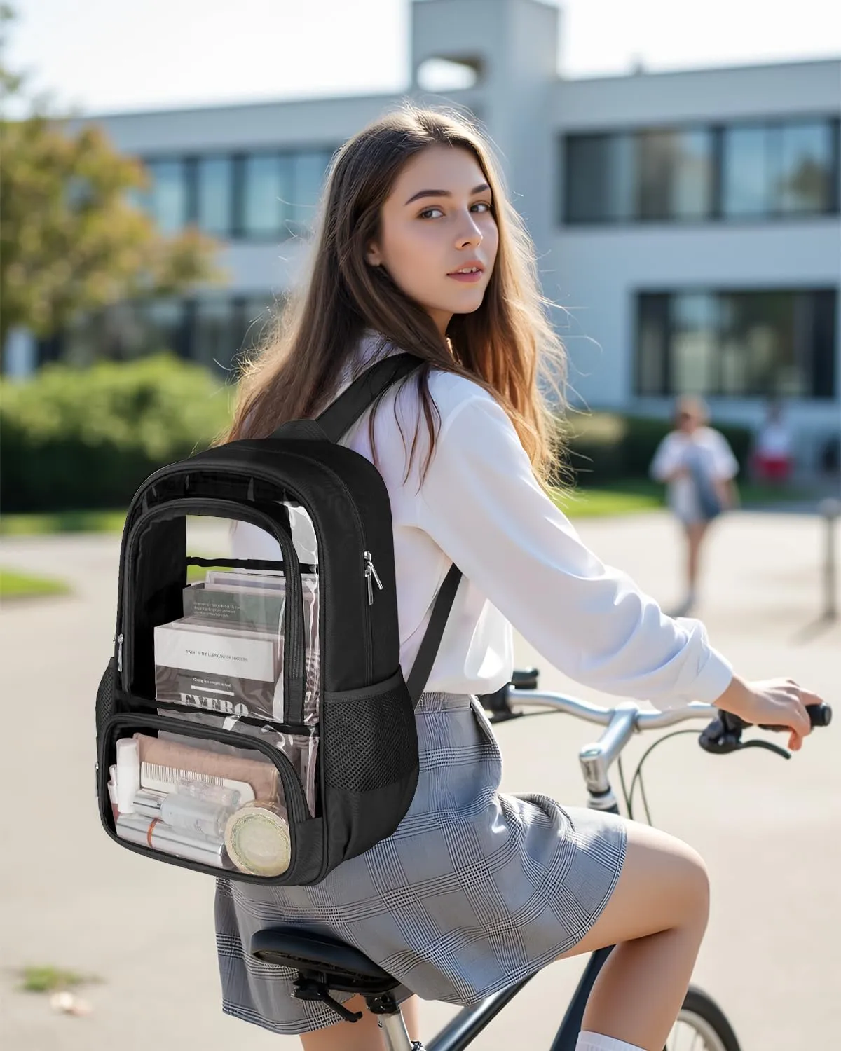 Clear Backpack, Fabric & PVC Transparent Backpack with Reinforced Strap for Women Men, Heavy Duty Transparent Bookbag, Large Capacity Clear bag, Travel, X-Large Black