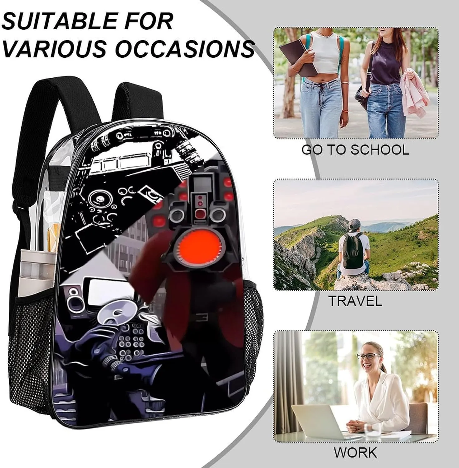 Clear Backpack Heavy Duty PVC Transparent Funny Toi-let Backpack 17"" Large Capacity See Through Bag for Travel, 43x32x13cm, Style