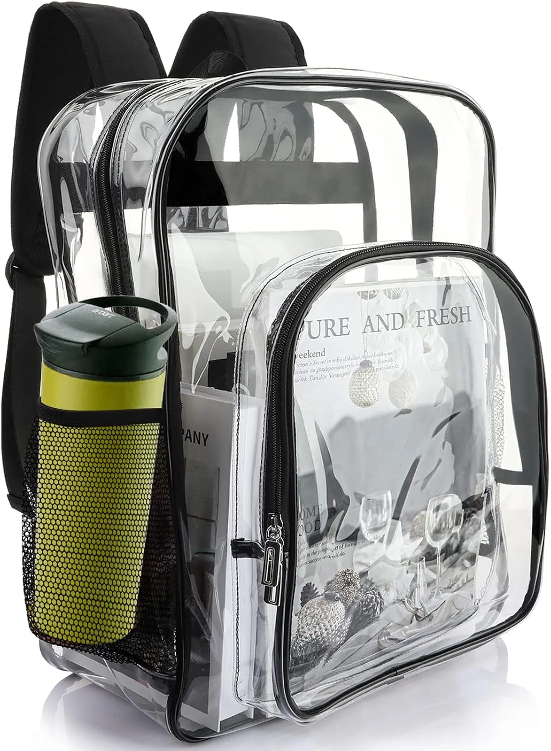 Clear Backpack School Bag Stadium Approved Heavy Duty Large PVC Laptop Transparent Backpack See Through Backpack for Sports, Work, Stadium, Security, Travel, College - H18''xW14''xD8“ - Black