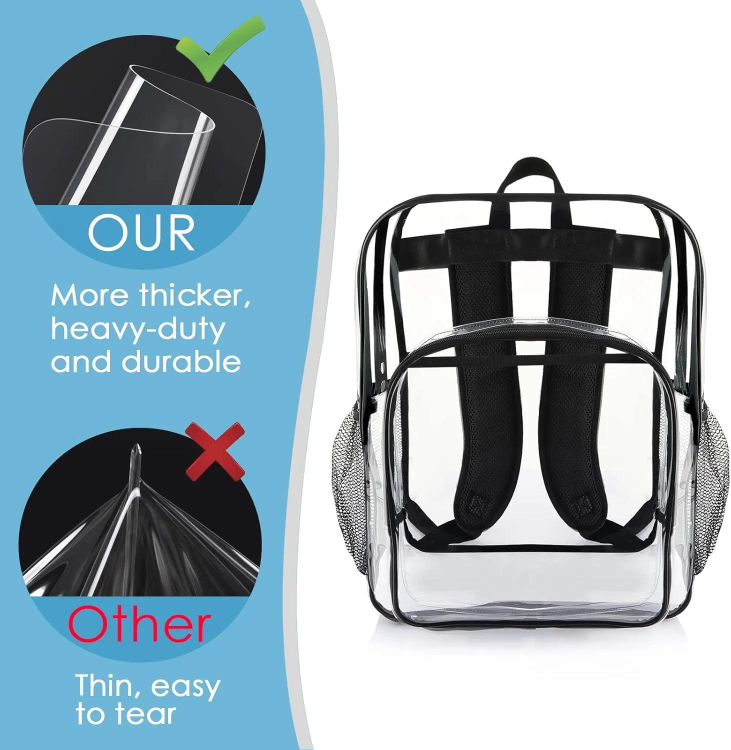 Clear Backpack School Bag Stadium Approved Heavy Duty Large PVC Laptop Transparent Backpack See Through Backpack for Sports, Work, Stadium, Security, Travel, College - H18''xW14''xD8“ - Black