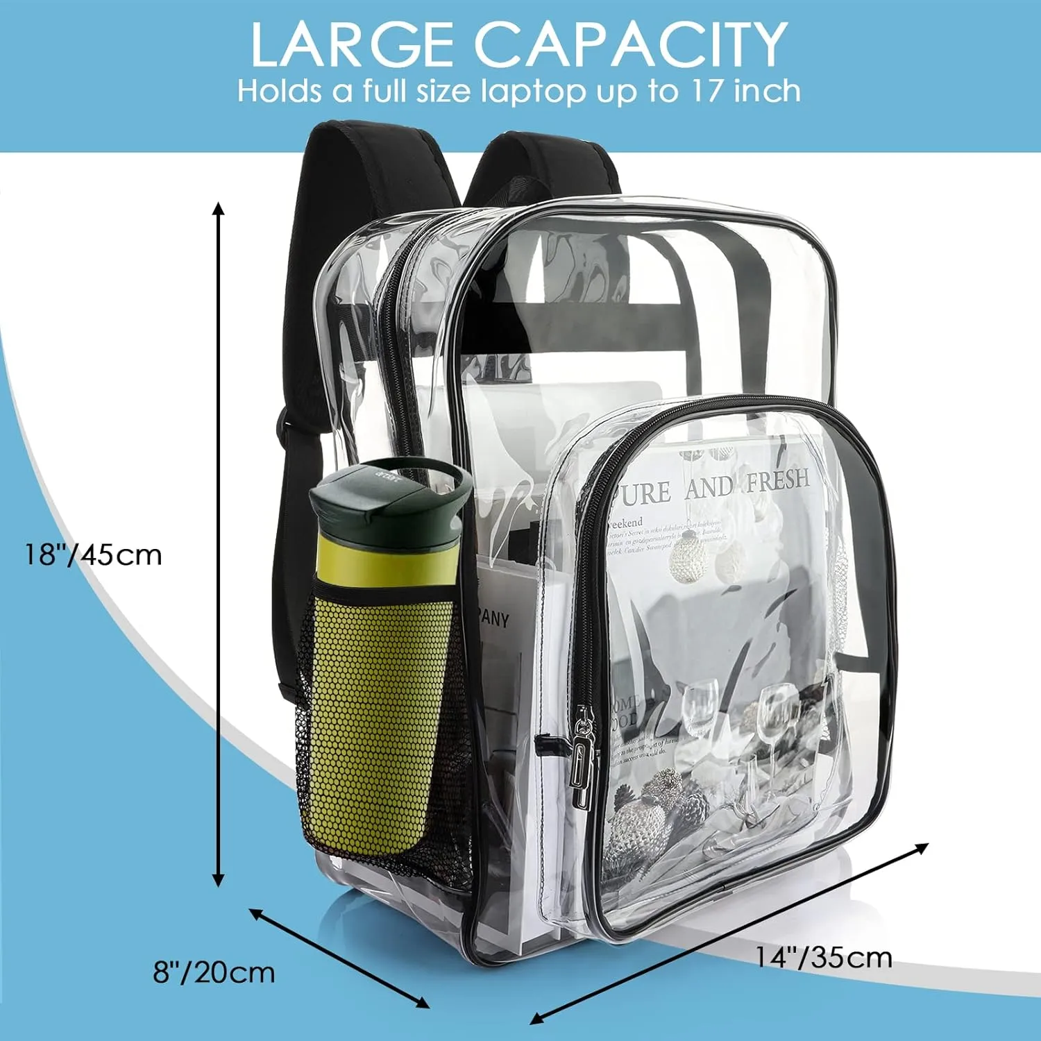 Clear Backpack School Bag Stadium Approved Heavy Duty Large PVC Laptop Transparent Backpack See Through Backpack for Sports, Work, Stadium, Security, Travel, College - H18''xW14''xD8“ - Black