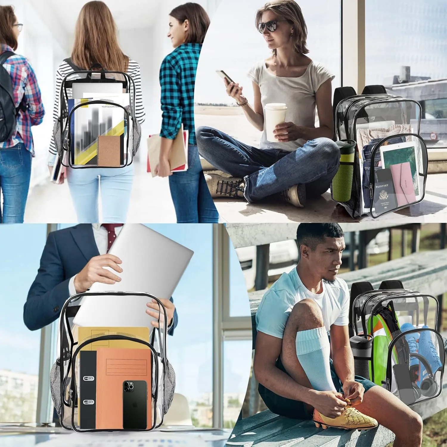 Clear Backpack School Bag Stadium Approved Heavy Duty Large PVC Laptop Transparent Backpack See Through Backpack for Sports, Work, Stadium, Security, Travel, College - H18''xW14''xD8“ - Black