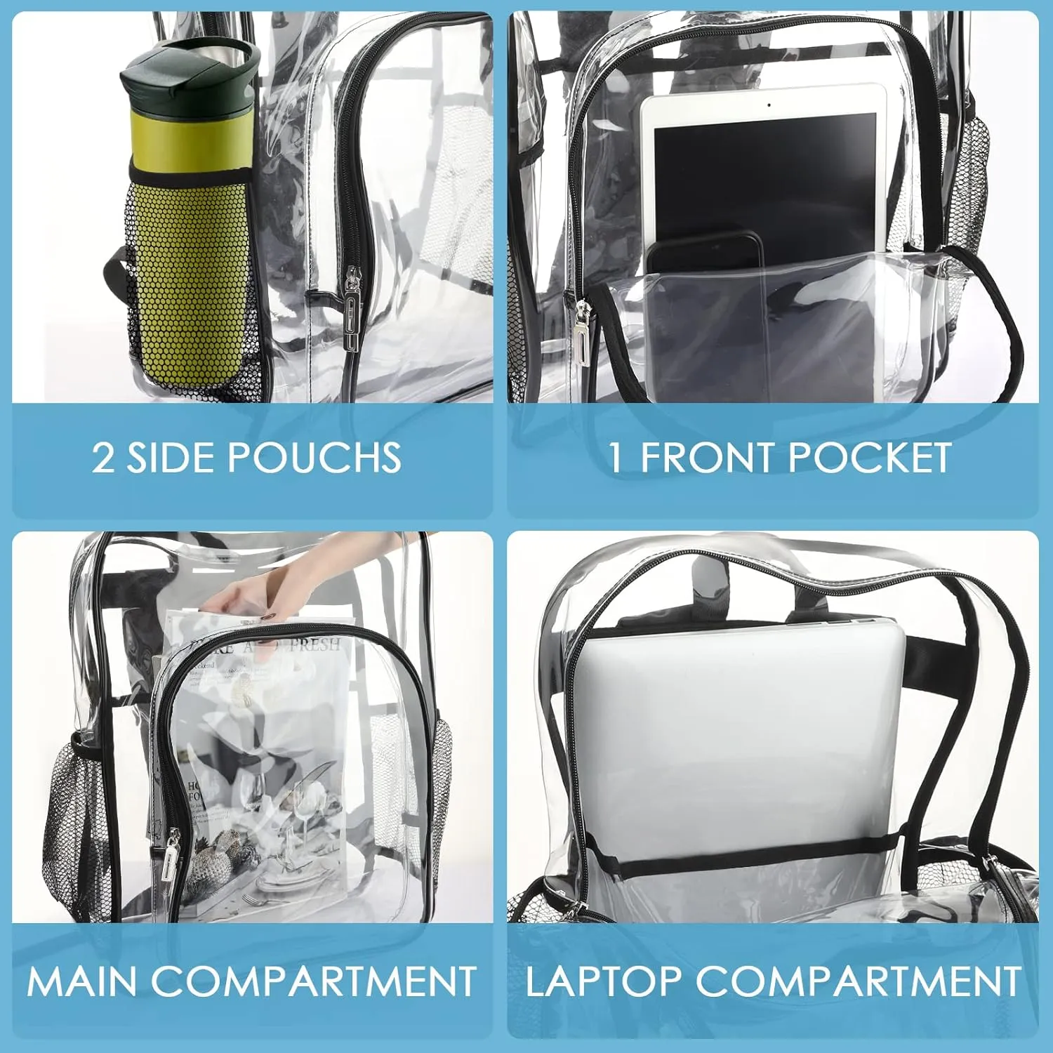 Clear Backpack School Bag Stadium Approved Heavy Duty Large PVC Laptop Transparent Backpack See Through Backpack for Sports, Work, Stadium, Security, Travel, College - H18''xW14''xD8“ - Black