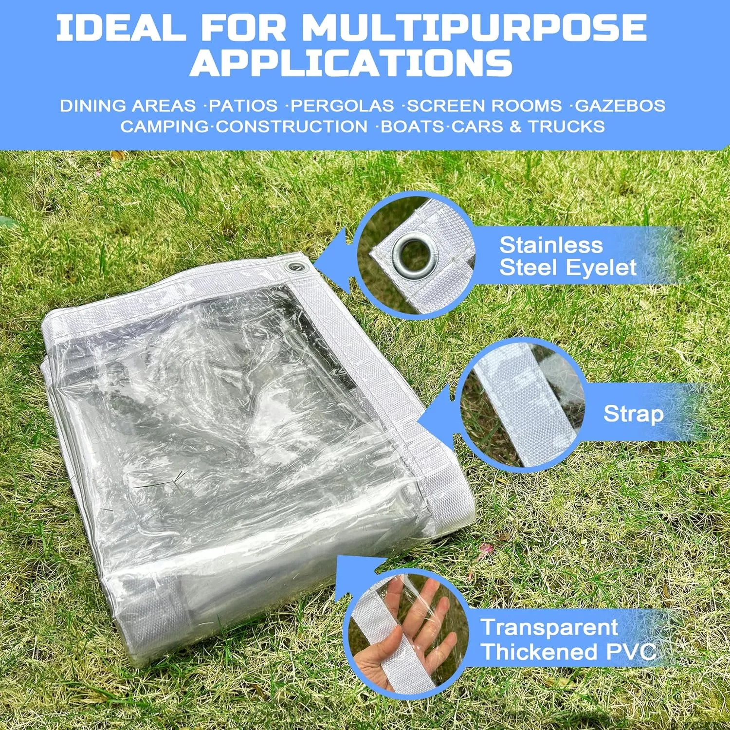 Clear Tarp 8 x 10FT, 20 Mil Clear Vinyl Tarp, Small Cover Plastic Sheeting with Grommets, Double-Stitched Reinforced Edges, Heavy Duty Tarps Waterproof and Tearproof