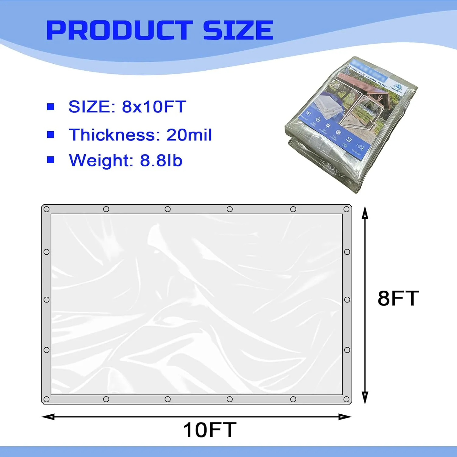 Clear Tarp 8 x 10FT, 20 Mil Clear Vinyl Tarp, Small Cover Plastic Sheeting with Grommets, Double-Stitched Reinforced Edges, Heavy Duty Tarps Waterproof and Tearproof