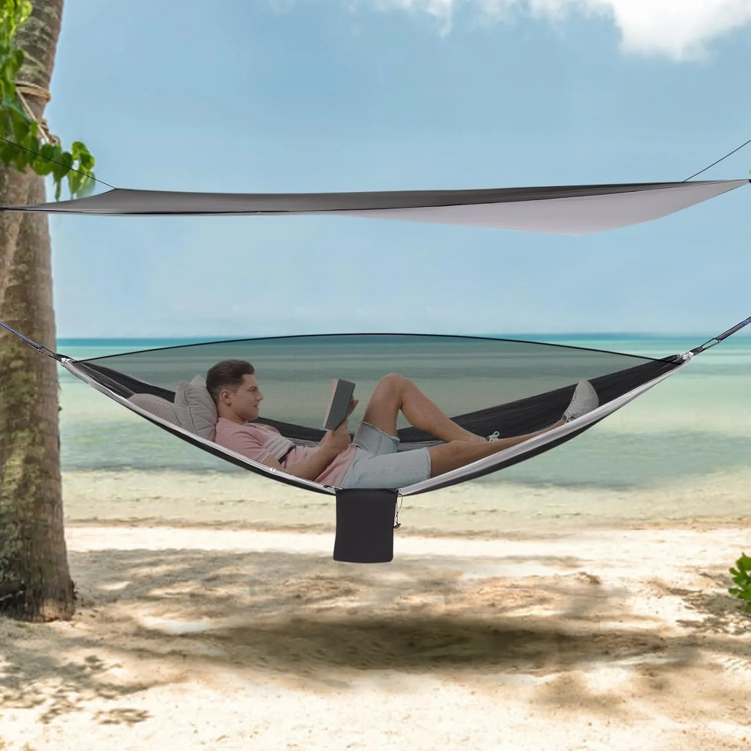 CNCEST Camping Hammock, Hammocks with Mosquito Net Tent and Rain Fly Tarp, 2 in 1 Hammock Tent with 7.5 * 6.8 ft Tarp for Backpacking and Travel - Black, Grey