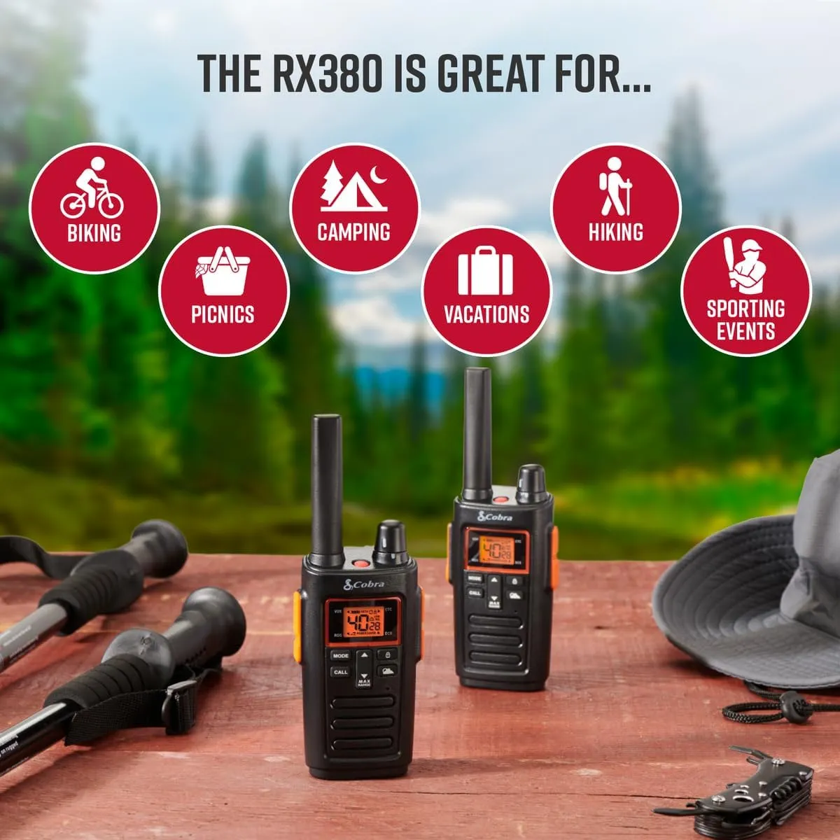 Cobra RX380 Walkie Talkies - Rechargeable, 40 Preset Channels, Long Range 32-Mile Two-Way Radio Set (2-Pack), Black