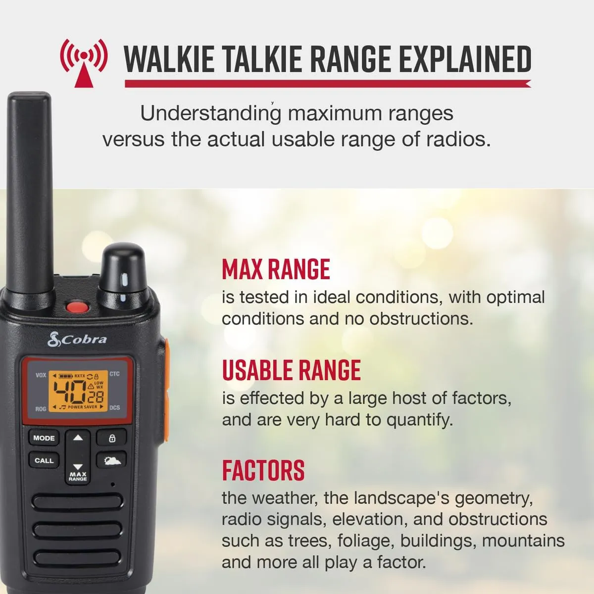 Cobra RX380 Walkie Talkies - Rechargeable, 40 Preset Channels, Long Range 32-Mile Two-Way Radio Set (2-Pack), Black