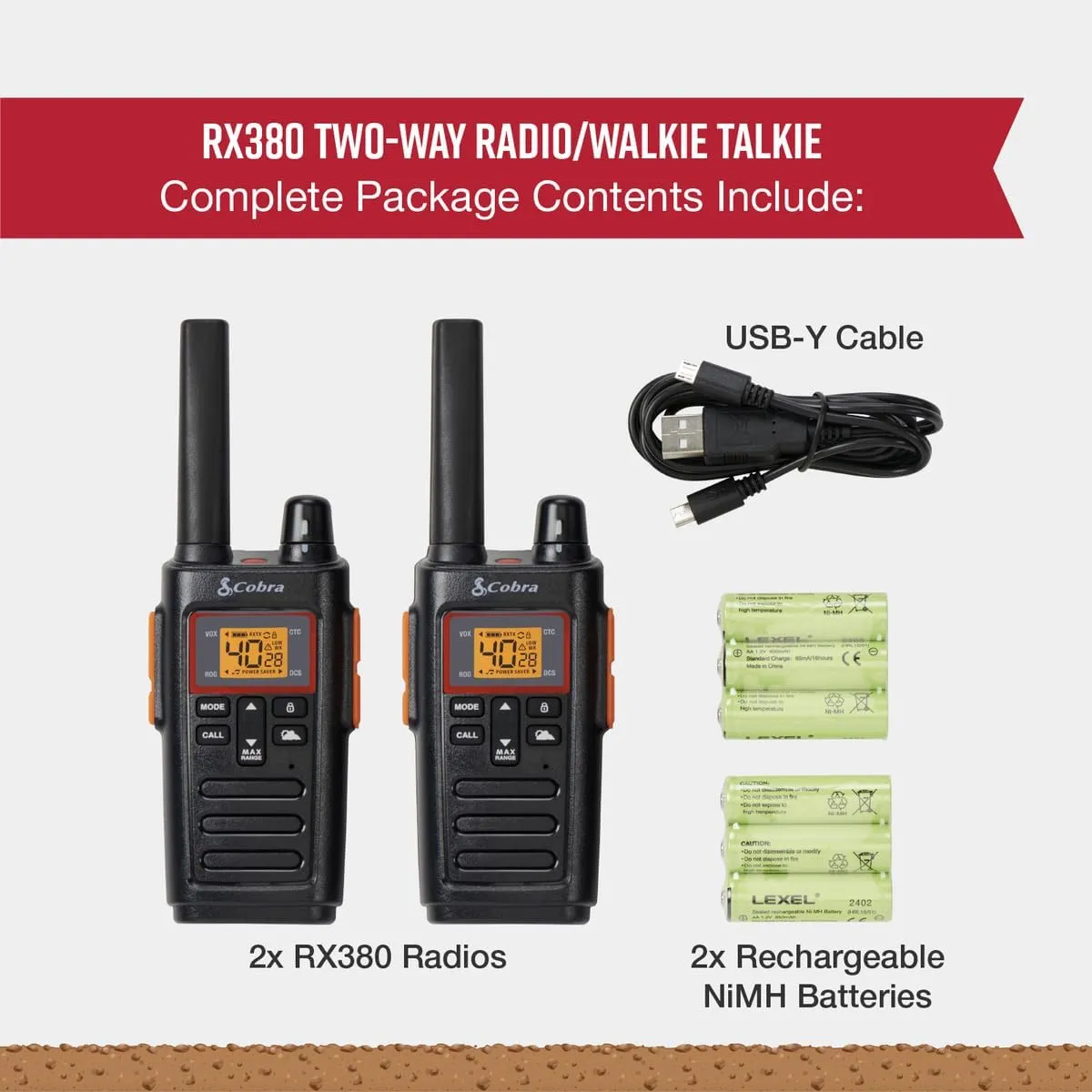 Cobra RX380 Walkie Talkies - Rechargeable, 40 Preset Channels, Long Range 32-Mile Two-Way Radio Set (2-Pack), Black
