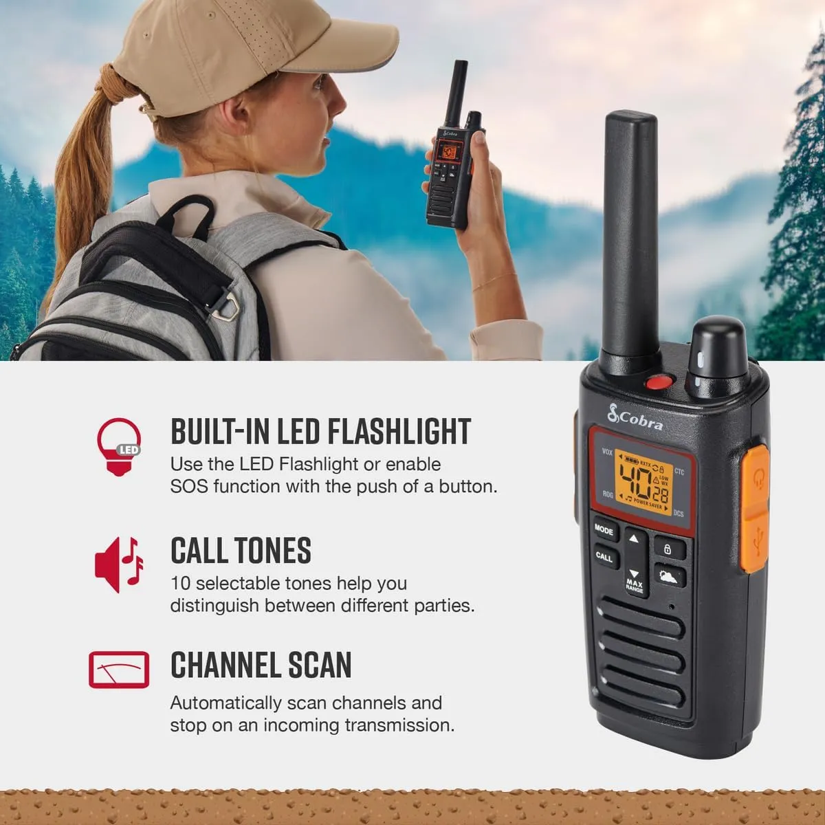 Cobra RX380 Walkie Talkies - Rechargeable, 40 Preset Channels, Long Range 32-Mile Two-Way Radio Set (2-Pack), Black