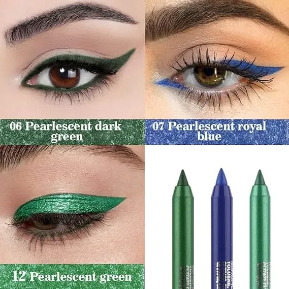 Colored Gel Glitter Eyeliner Pencils Pen Set,Eye Liners & Shadow Pencil Eye Makeup Colorful Eyeliner Kit (06#Shimmer Emerald Green 07#Shimmer Royal Blue 12#Shimmer Green)