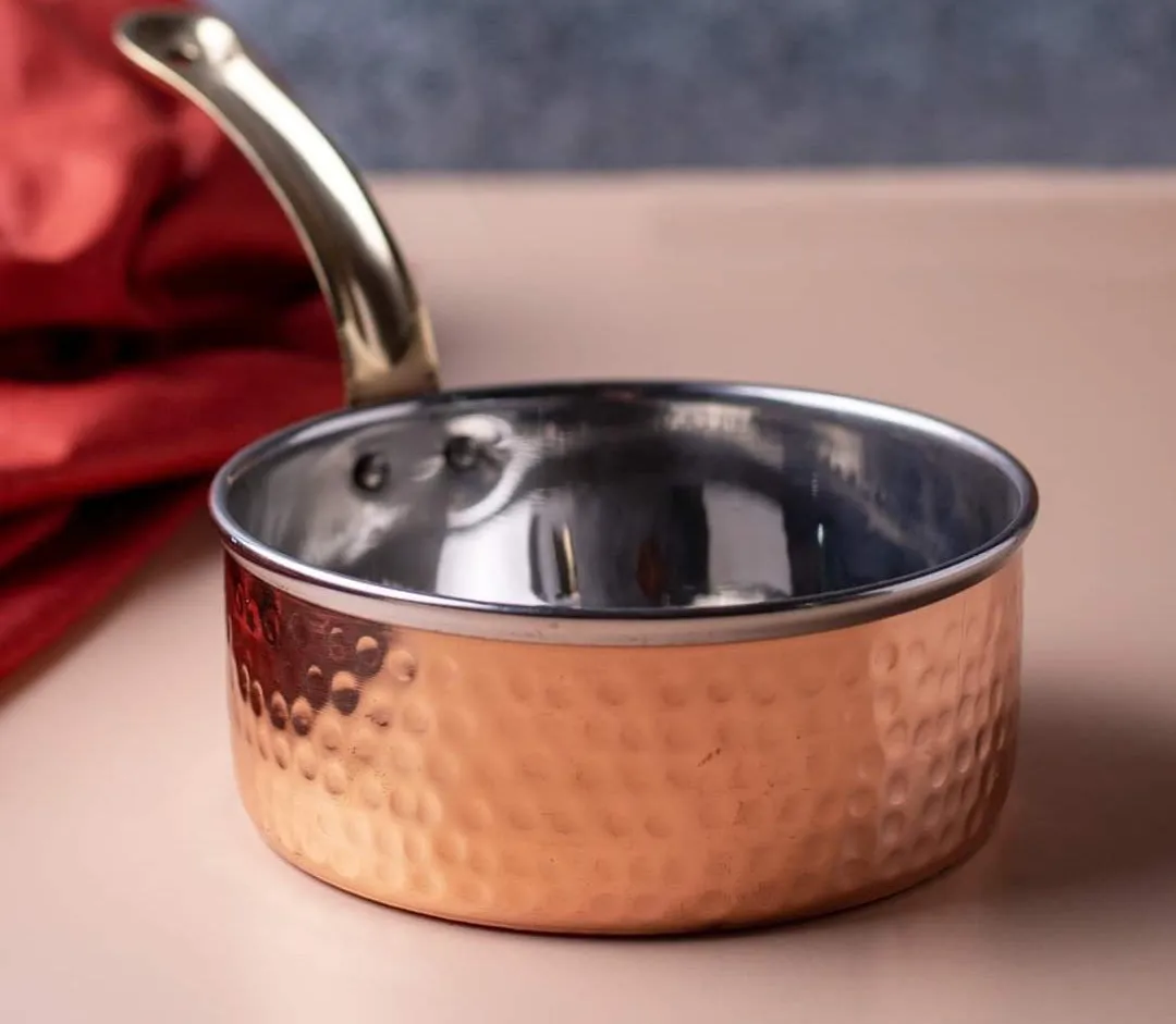 Copper/Stainless Steel D/W Hammered Sauce Pan with Brass Handle #2, 600 ML, 5.25"