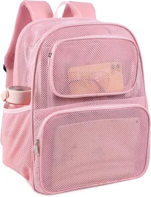COVAX Large Mesh Bookbag, Semi-transparent College Backpack, See Through Mesh Backpack with Bungee and Comfort Padded Straps for Travel, Swimming, Beach, Outdoor Sports (Pink)