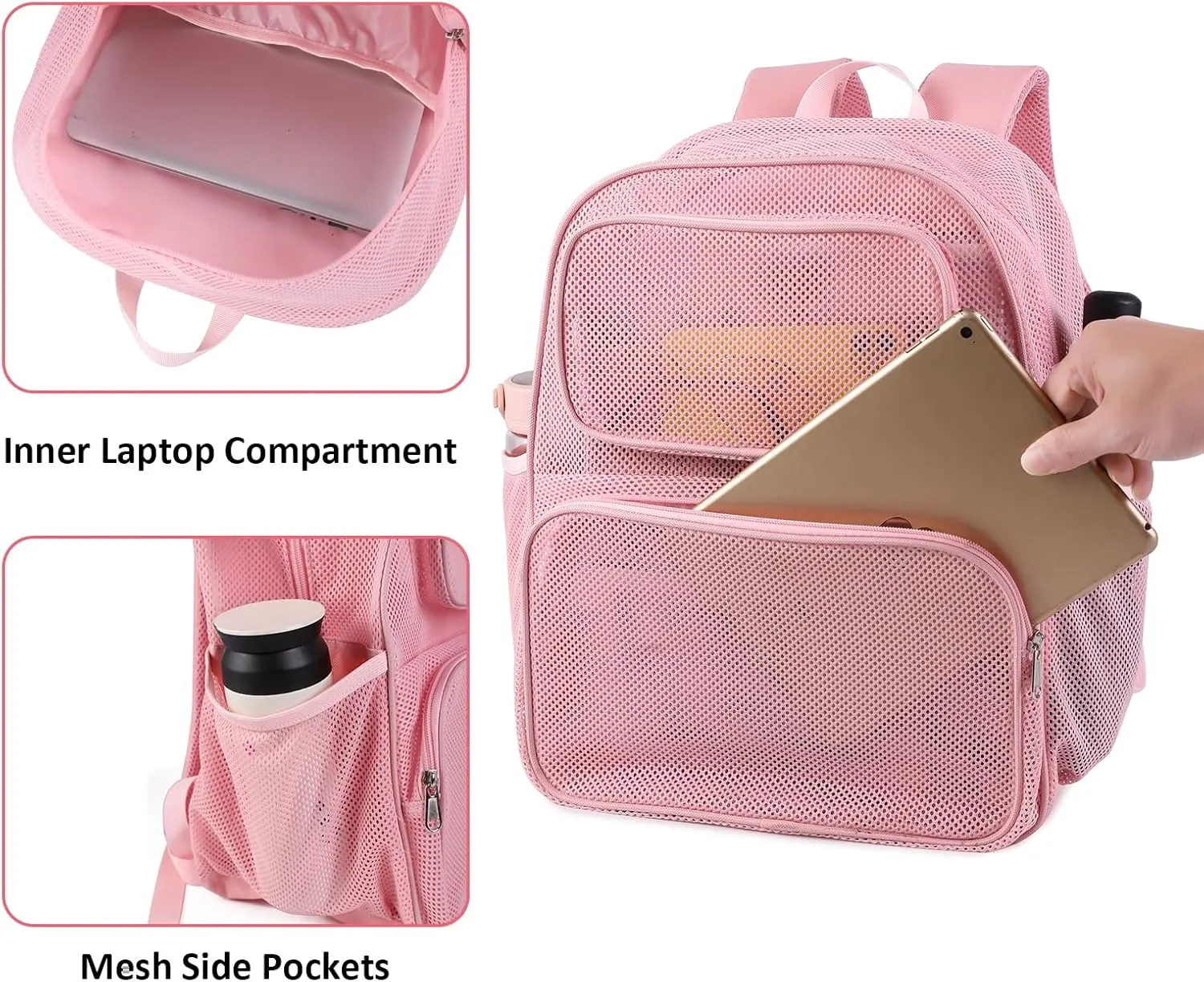 COVAX Large Mesh Bookbag, Semi-transparent College Backpack, See Through Mesh Backpack with Bungee and Comfort Padded Straps for Travel, Swimming, Beach, Outdoor Sports (Pink)