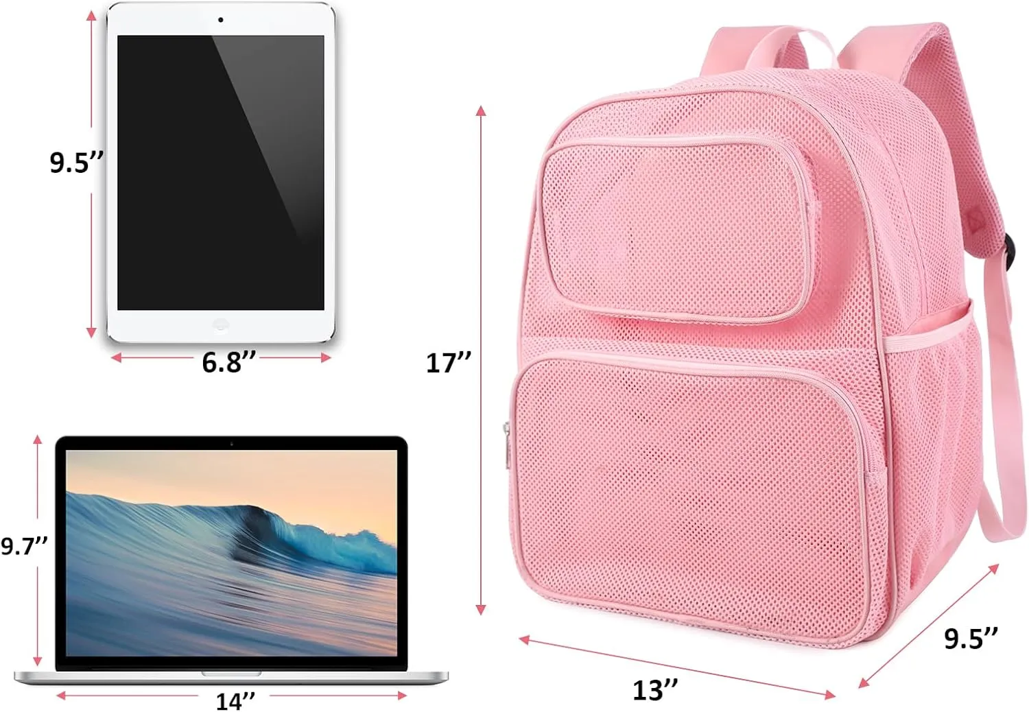 COVAX Large Mesh Bookbag, Semi-transparent College Backpack, See Through Mesh Backpack with Bungee and Comfort Padded Straps for Travel, Swimming, Beach, Outdoor Sports (Pink)