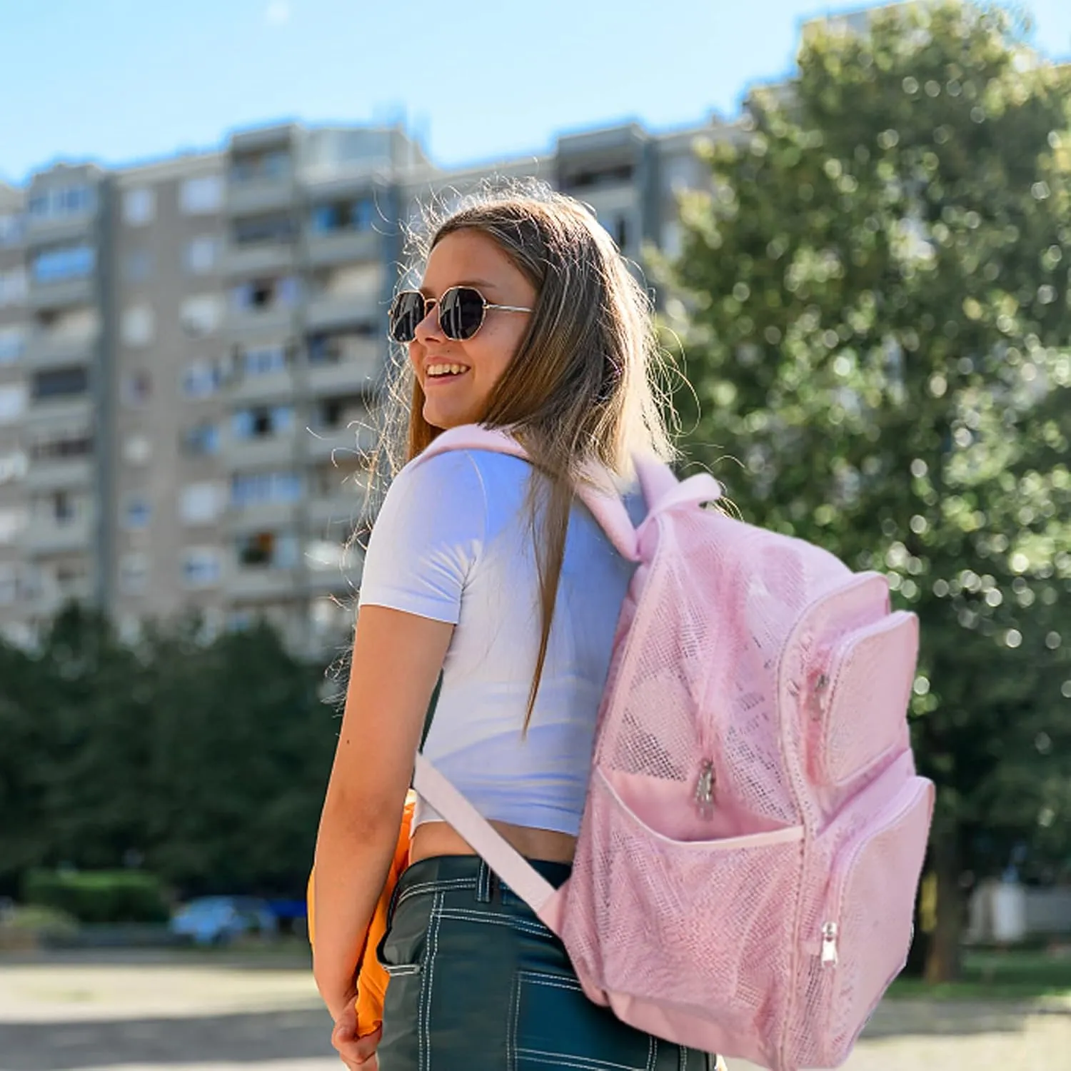COVAX Large Mesh Bookbag, Semi-transparent College Backpack, See Through Mesh Backpack with Bungee and Comfort Padded Straps for Travel, Swimming, Beach, Outdoor Sports (Pink)