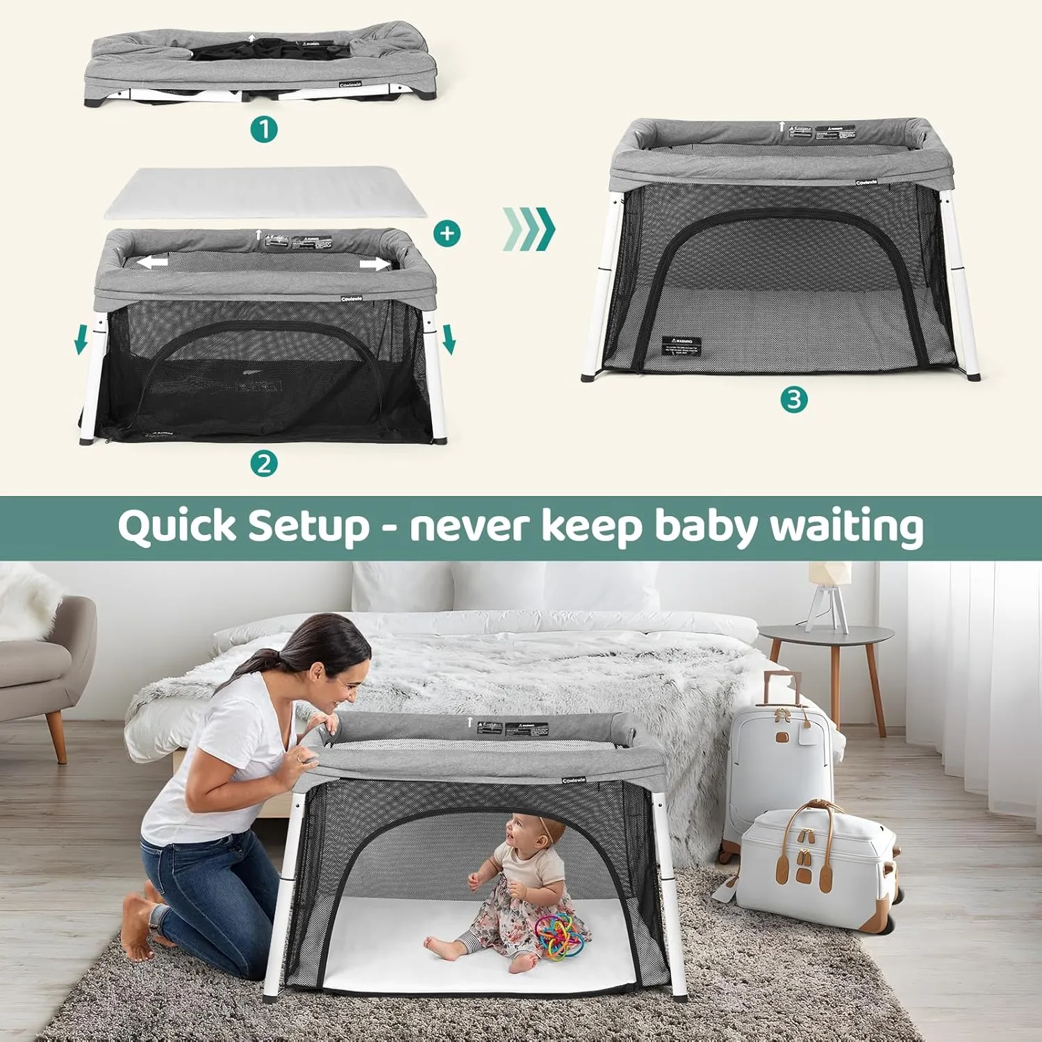 Cowiewie Travel Crib and Playard, Folding Portable Playpen for Baby and Toddlers 1-3, Breathable and Washable Baby Playpen with Waterproof Mattress, Compact Travel Crib Backpack - Light Gray