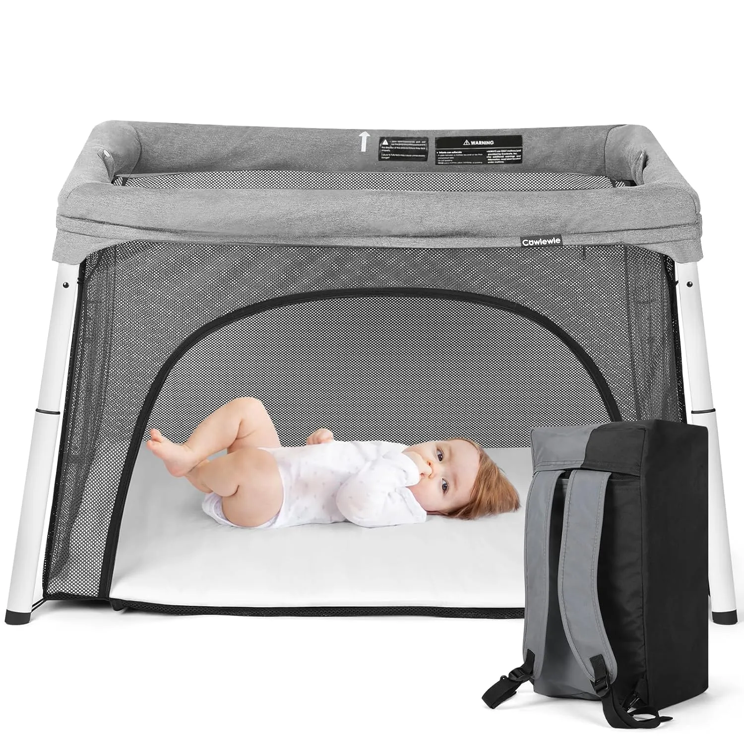 Cowiewie Travel Crib and Playard, Folding Portable Playpen for Baby and Toddlers 1-3, Breathable and Washable Baby Playpen with Waterproof Mattress, Compact Travel Crib Backpack - Light Gray