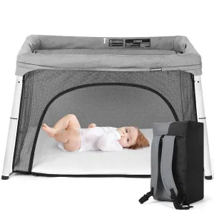 Cowiewie Travel Crib and Playard, Folding Portable Playpen for Baby and Toddlers 1-3, Breathable and Washable Baby Playpen with Waterproof Mattress, Compact Travel Crib Backpack - Light Gray