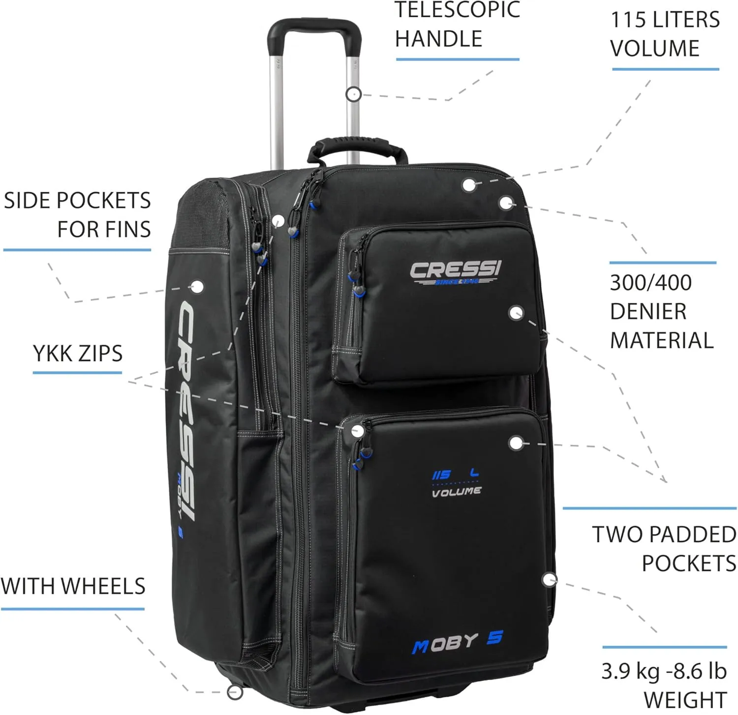 Cressi Strong Large Capacity Roller Luggage Bag 115L with Backpack Straps - Moby 5 designed in Italy