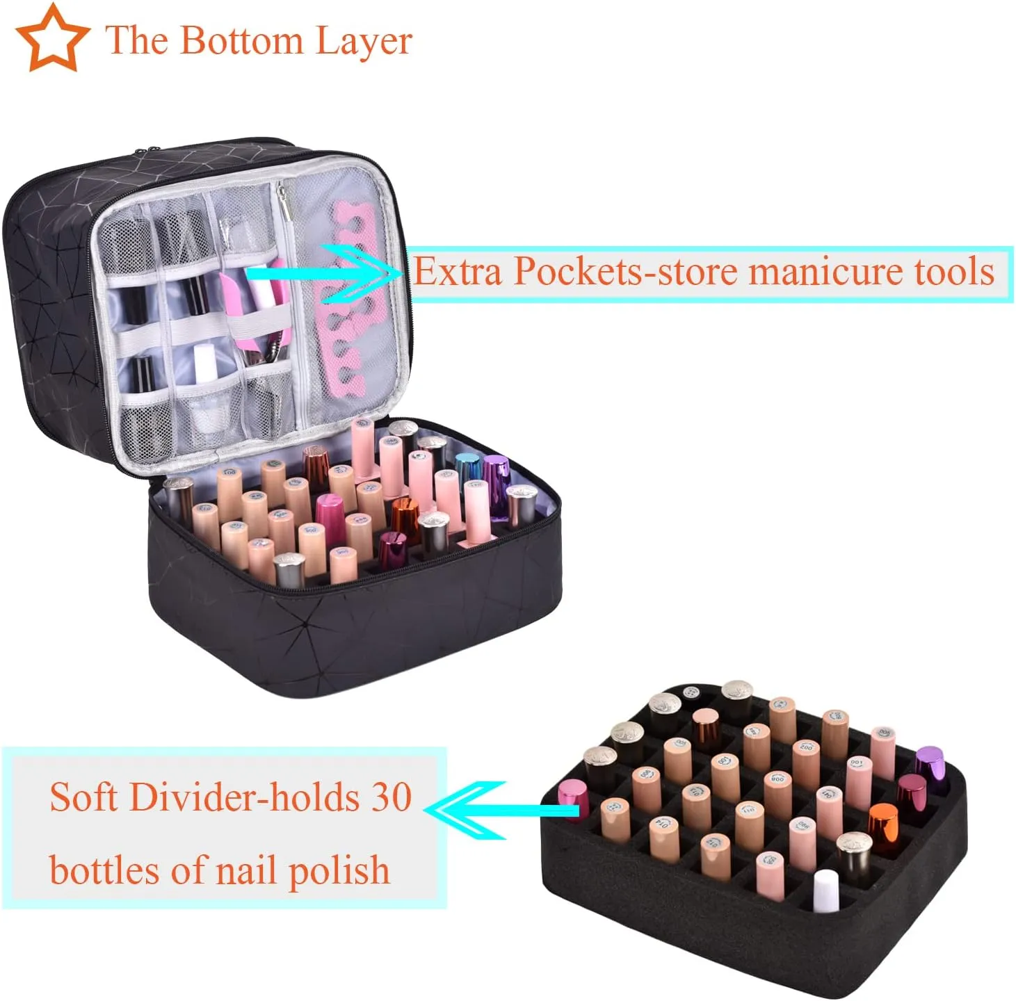 CTWWFS PU Leather Nail Polish Organizer and Nail Lamp Case, Nail Kit Organizer Holds 30  Bottles (15ml - 0.5 fl.oz) and a Nail Lamp, Nail Polish Carrying Case with Manicure Tools Storage Sections