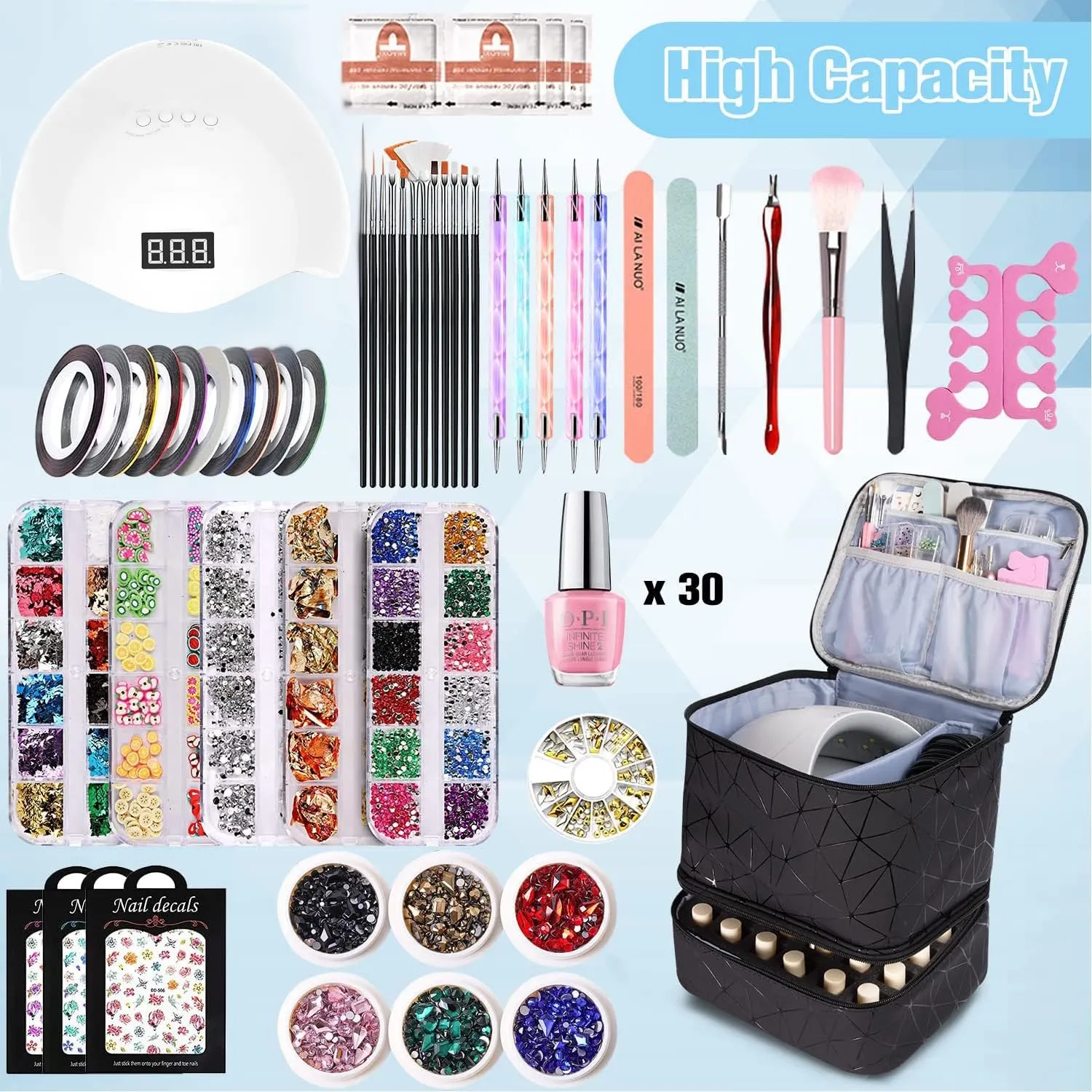 CTWWFS PU Leather Nail Polish Organizer and Nail Lamp Case, Nail Kit Organizer Holds 30  Bottles (15ml - 0.5 fl.oz) and a Nail Lamp, Nail Polish Carrying Case with Manicure Tools Storage Sections