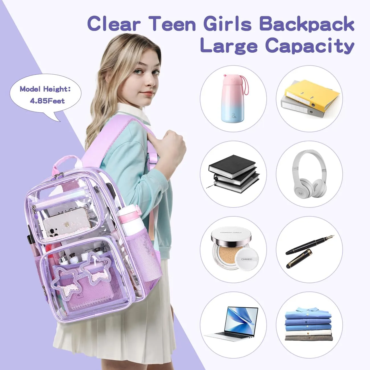 Cusangel Heavy Duty Clear Backpack For tenn Girls,Clear BookBag For 15Age ,16.5inch TPU Large Capacity See Through Backpack for Sport Events,Travel