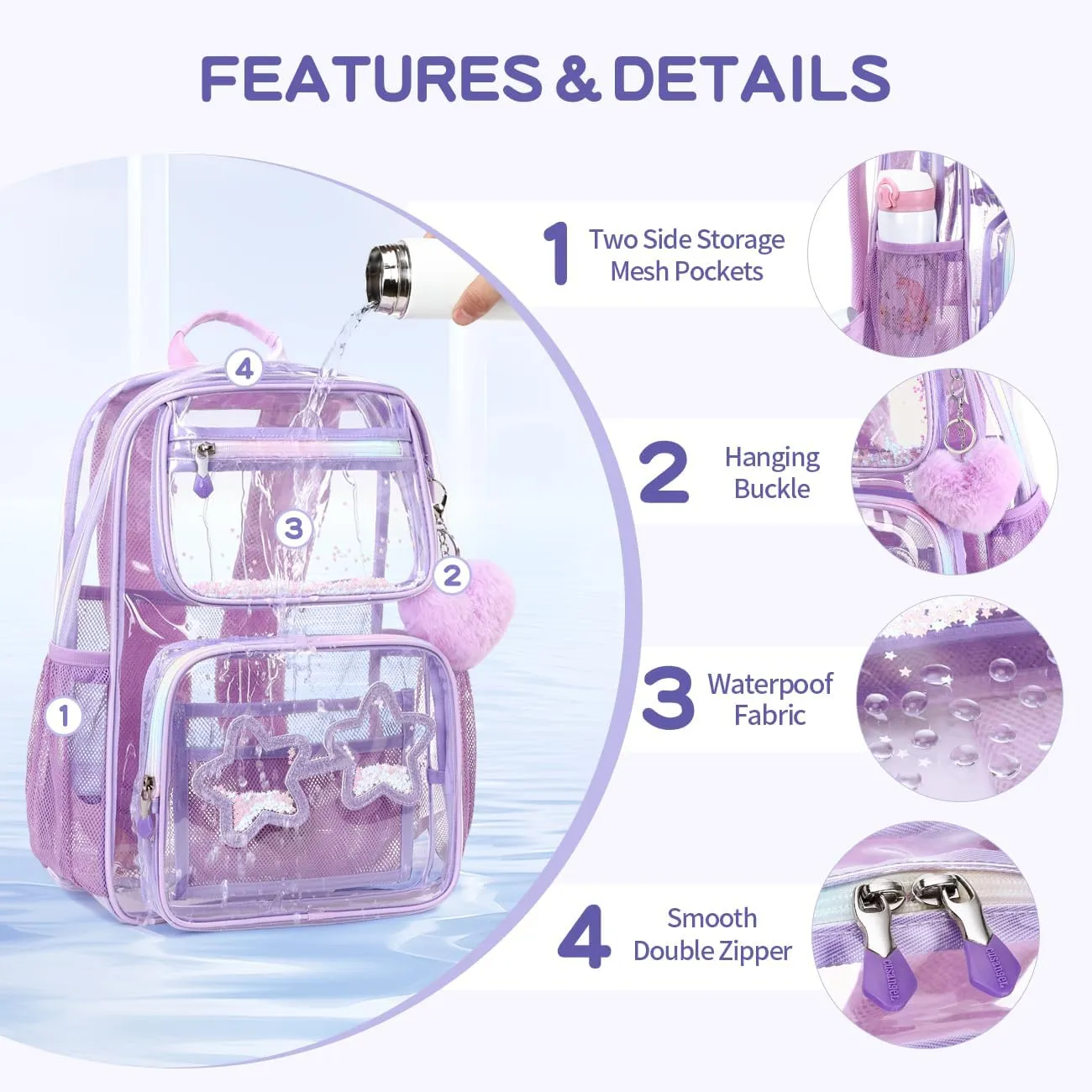 Cusangel Heavy Duty Clear Backpack For tenn Girls,Clear BookBag For 15Age ,16.5inch TPU Large Capacity See Through Backpack for Sport Events,Travel