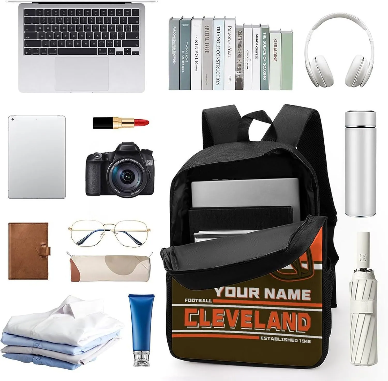 Custom Cleveland Backpack Personalized Name Number Large Capacity Laptop Bag for School Men Women Fan Gift (17 Inch)