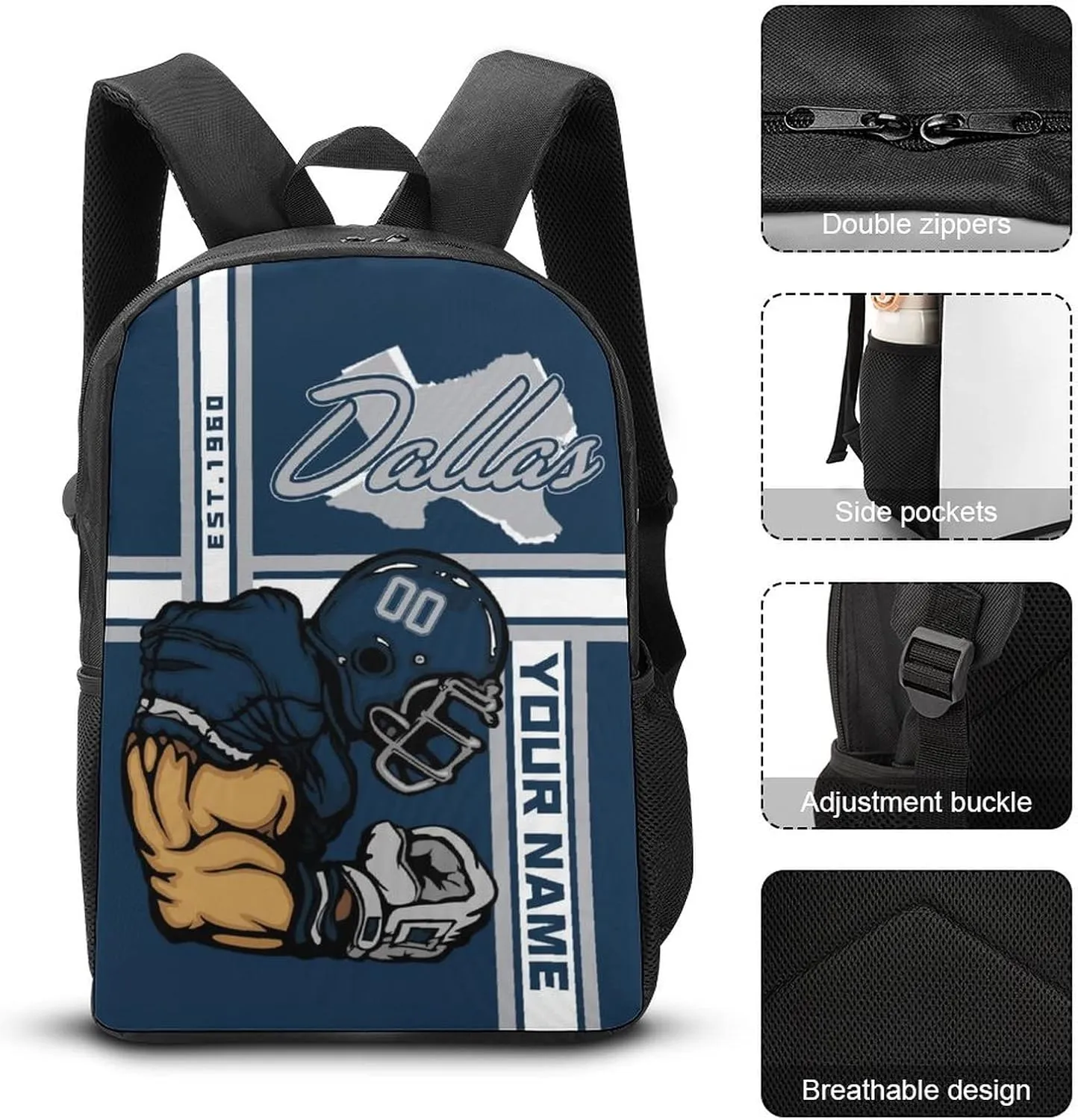 Custom Shoulder Dallas Backpack Personalized Any Name Number 17 Inch Large Capacity Laptop Bag Bookbag Gifts for Men Women