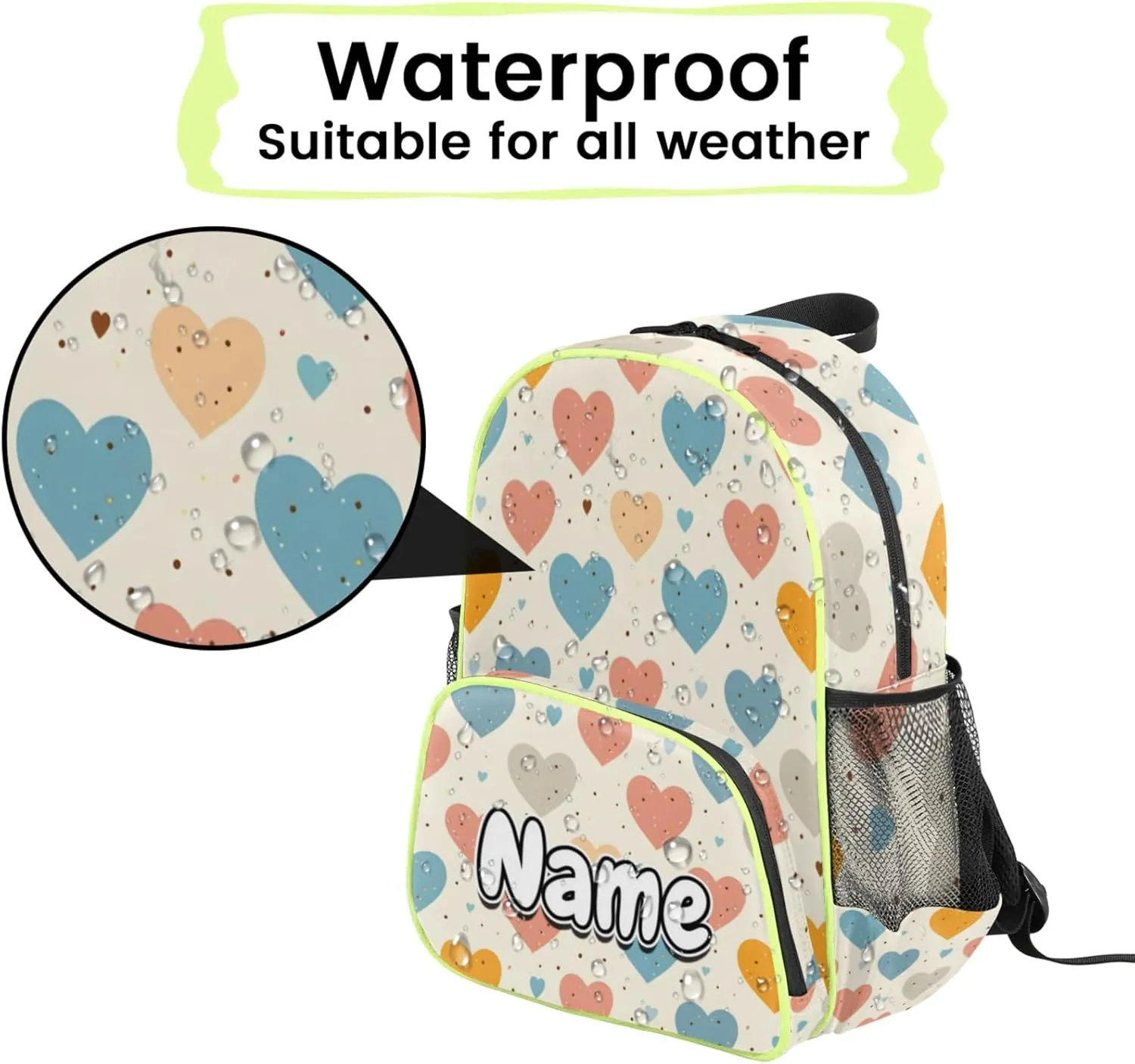 Cute Colorful Love Hearts Custom Backpack with Name Cute Personalized Small Shoulder Bag Waterproof Travel Casual Backpack with Chest Strap 14.2in
