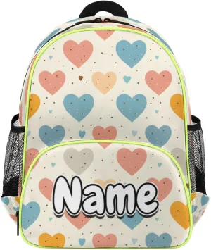 Cute Colorful Love Hearts Custom Backpack with Name Cute Personalized Small Shoulder Bag Waterproof Travel Casual Backpack with Chest Strap 14.2in