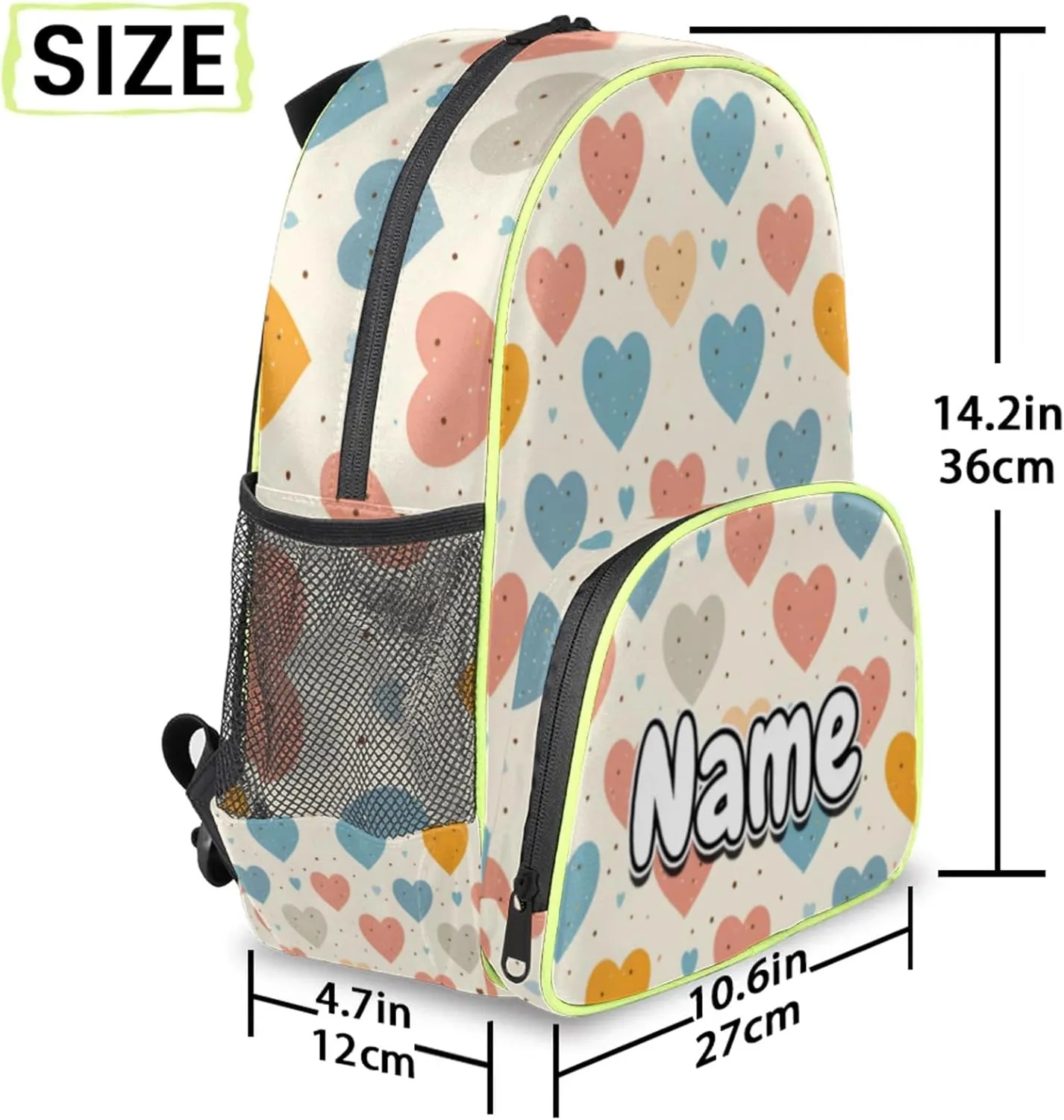 Cute Colorful Love Hearts Custom Backpack with Name Cute Personalized Small Shoulder Bag Waterproof Travel Casual Backpack with Chest Strap 14.2in