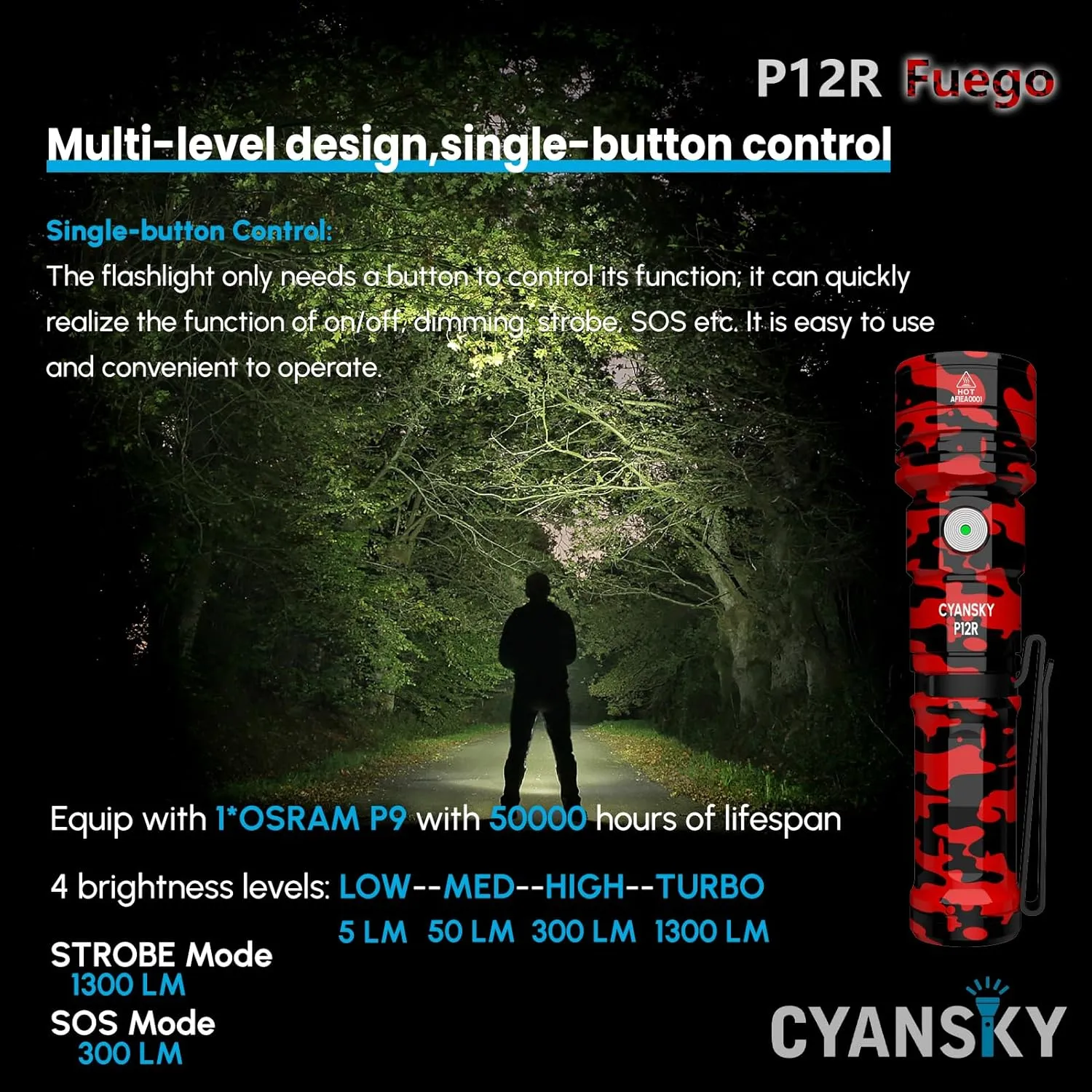 CYANSKY Rechargeable Flashlight,Super Bright,Flashlights High Lumens, Small EDC Flashlights for Emergencies,IP68 Waterproof Flash Light for Camping,Hiking,Outdoor,Home (Fuego)
