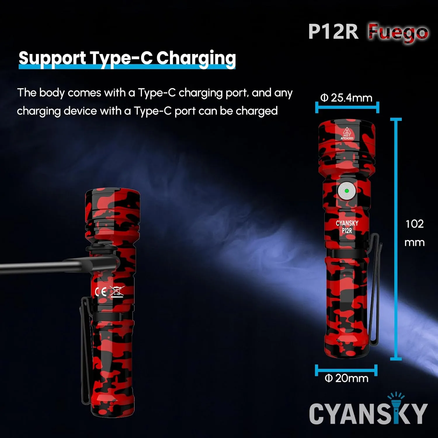 CYANSKY Rechargeable Flashlight,Super Bright,Flashlights High Lumens, Small EDC Flashlights for Emergencies,IP68 Waterproof Flash Light for Camping,Hiking,Outdoor,Home (Fuego)
