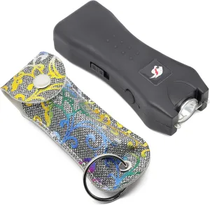Cyclone Stun Gun Pepper Spray Combo for Self Defense - Extremely Powerful Stun Gun with Flashlight 1/2 Ounce Police Grade Max Strength 10% Pepper Stream w/Pouch (Silver Flower)