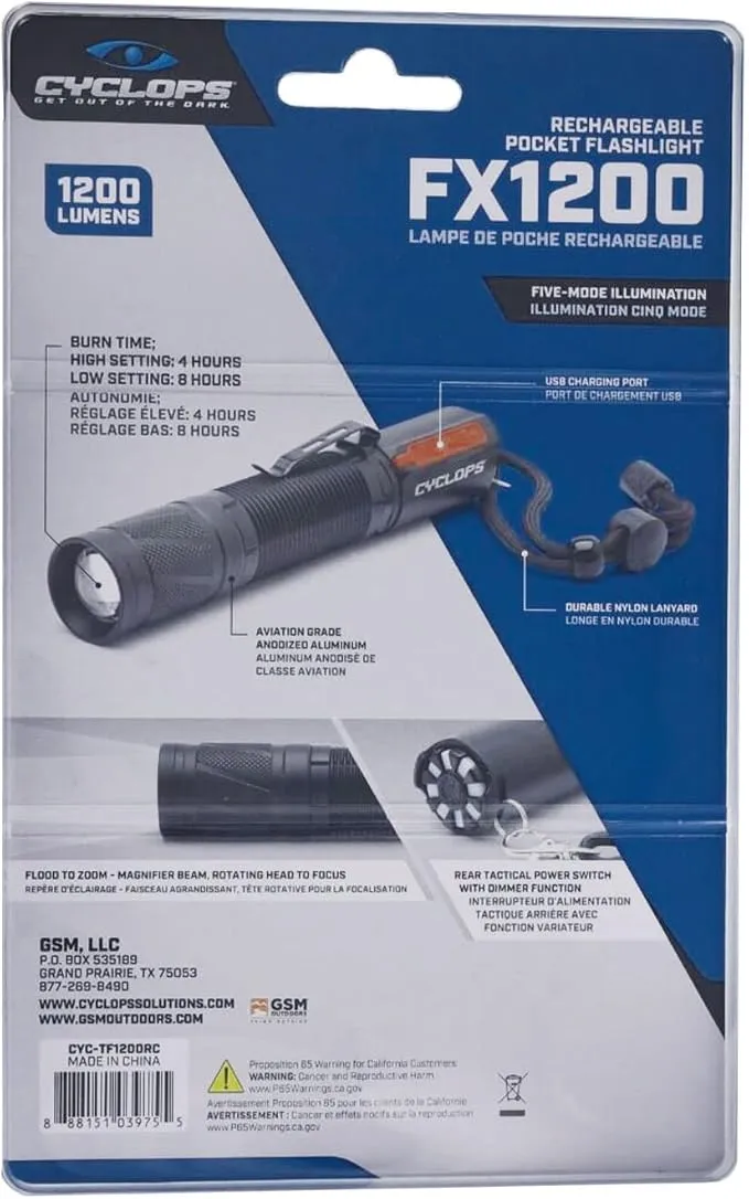 Cyclops Handheld Aluminum Housing 1200 Lumens Rechargeable Pocket Flashlight for Camping, Hiking, Emergency