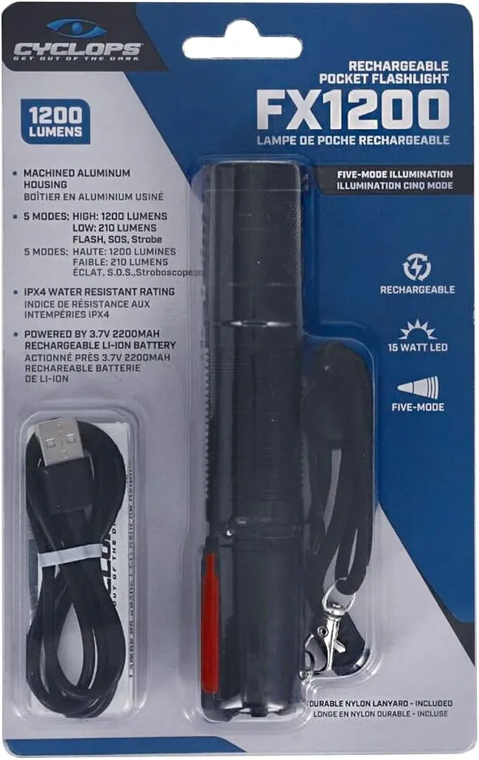 Cyclops Handheld Aluminum Housing 1200 Lumens Rechargeable Pocket Flashlight for Camping, Hiking, Emergency