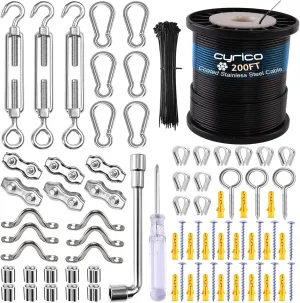 cyrico String Light Hanging Kit, Outdoor Light Guide Wire, Globe String Lights Suspension Kit with 200 Ft Nylon Coated Stainless Steel 304 Wire Rope Cable, Turnbuckle, Enough Accessories, Use Manual
