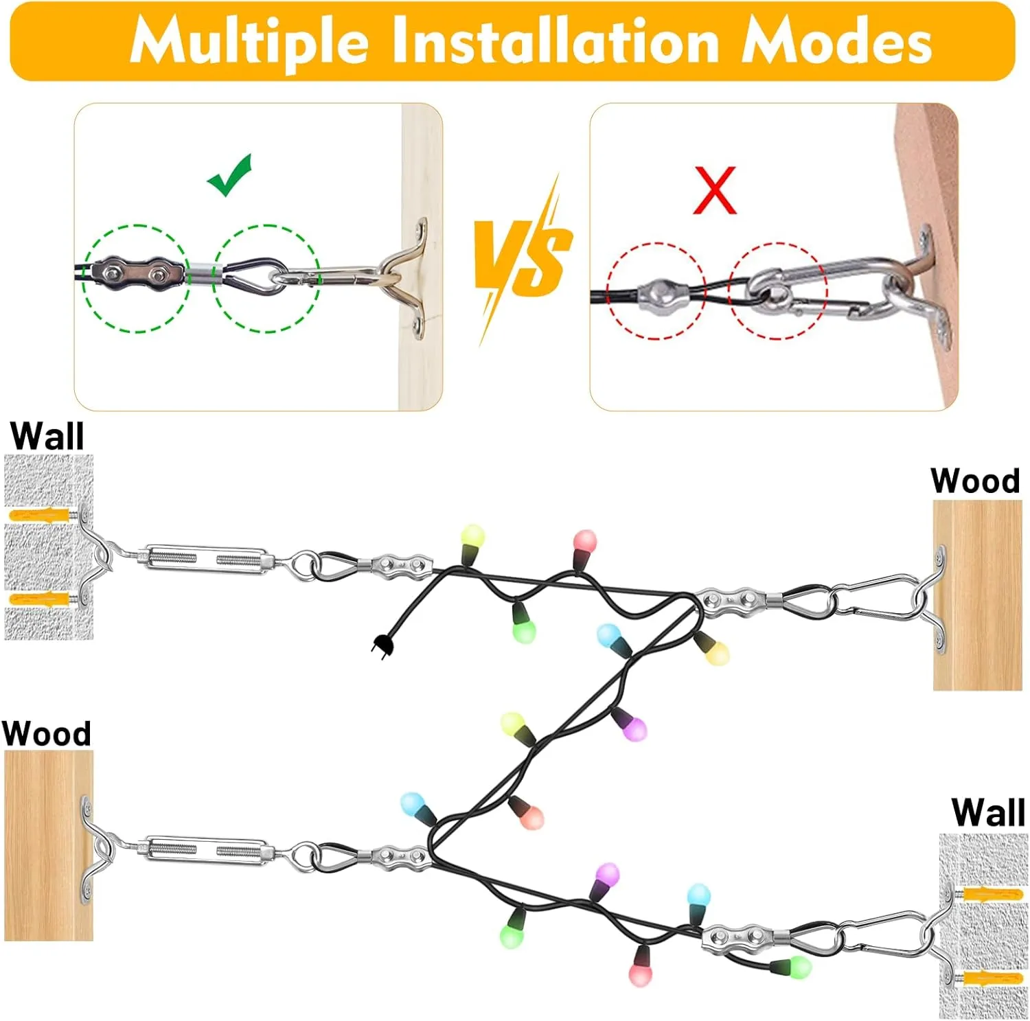 cyrico String Light Hanging Kit, Outdoor Light Guide Wire, Globe String Lights Suspension Kit with 200 Ft Nylon Coated Stainless Steel 304 Wire Rope Cable, Turnbuckle, Enough Accessories, Use Manual