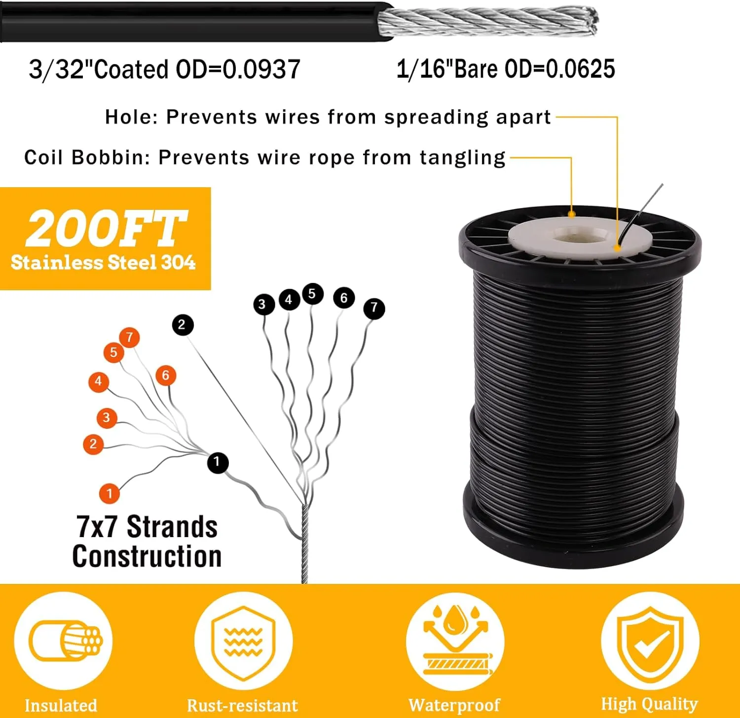 cyrico String Light Hanging Kit, Outdoor Light Guide Wire, Globe String Lights Suspension Kit with 200 Ft Nylon Coated Stainless Steel 304 Wire Rope Cable, Turnbuckle, Enough Accessories, Use Manual