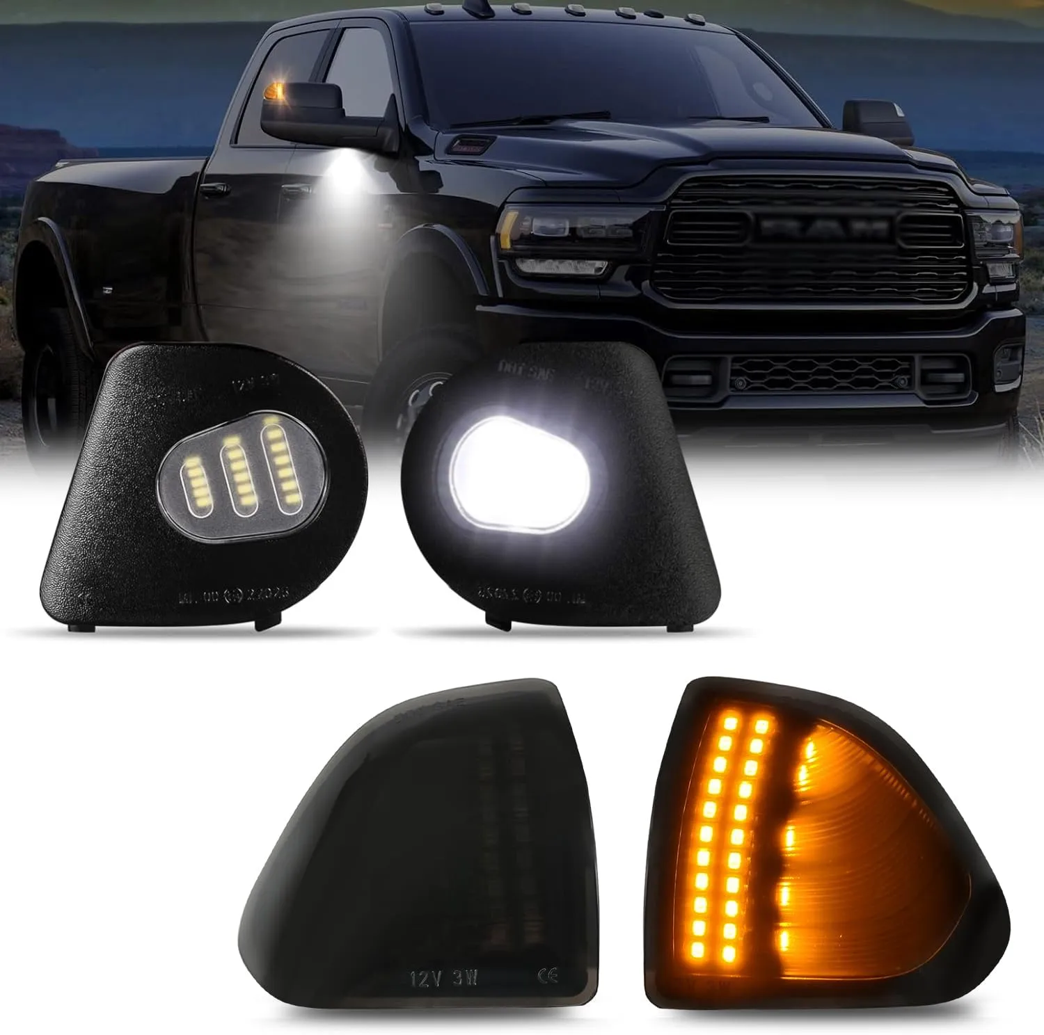 D-Lumina LED Side Mirror Turn Signal Puddle Lights Kit Driver and Passenger Side Smoked Lens for 2010-2018 Dodge Ram 1500 2500 3500 4500 5500 Towing Mirror Lamps, Mirror Lights Puddle Lamps, Pack of 4