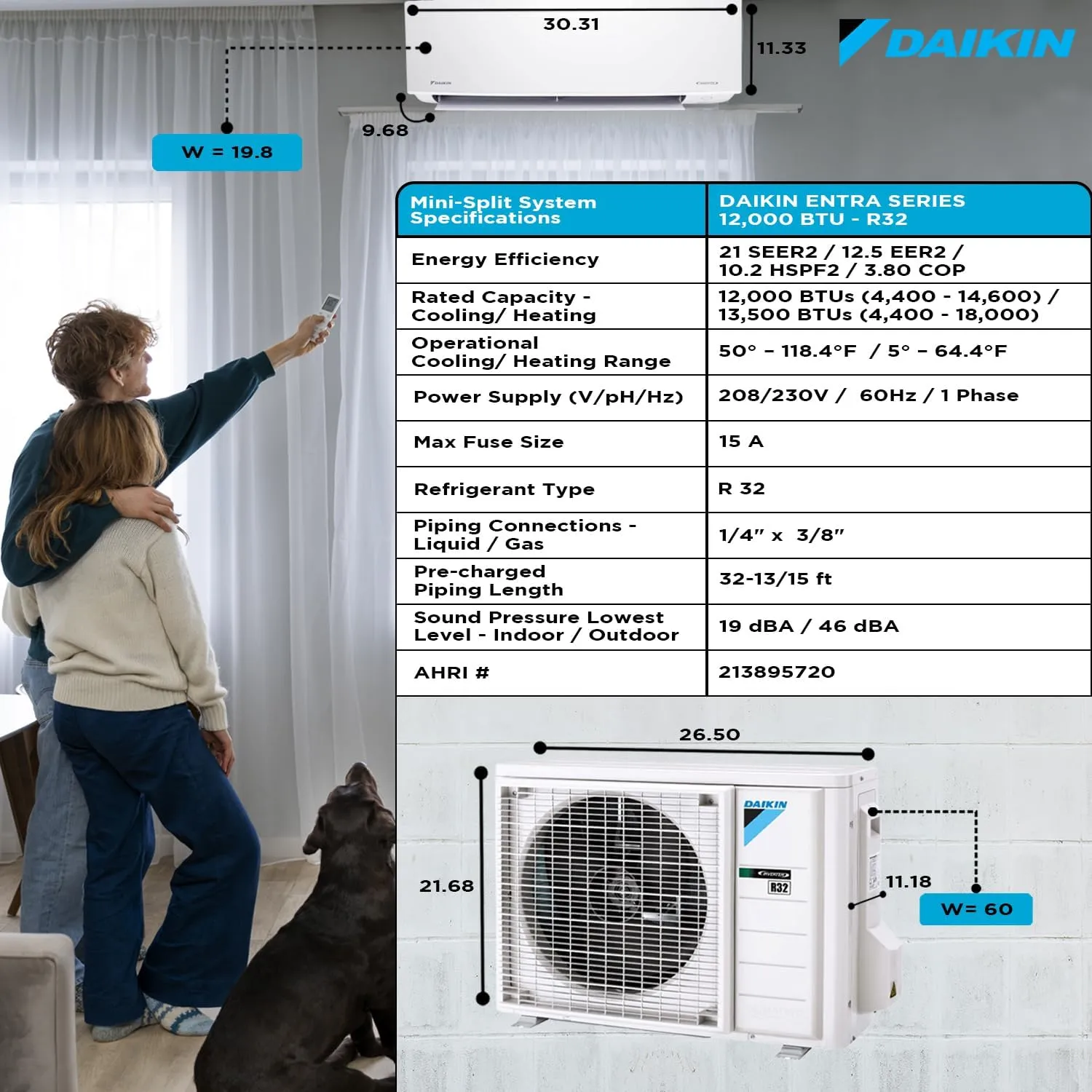 Daikin 12,000 Btu 21 SEER2 Oterra Series Ductless Mini-Split Wall Mount Heat Pump Air Conditioner - R32 w/Installation Kit, 1/2 Whip, 30A Disconnect and Wall Bracket
